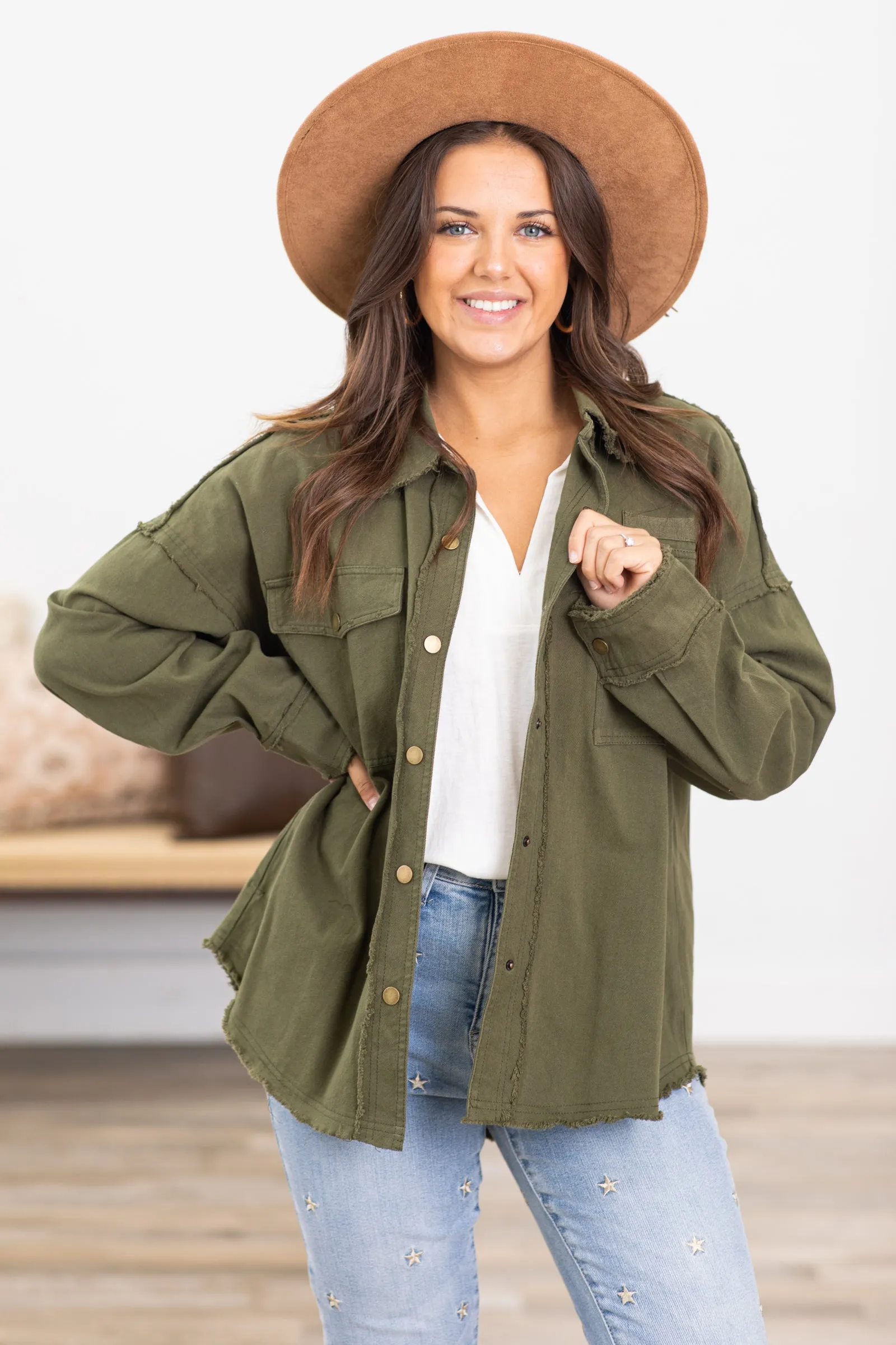 Army Green Fray Hem Jacket