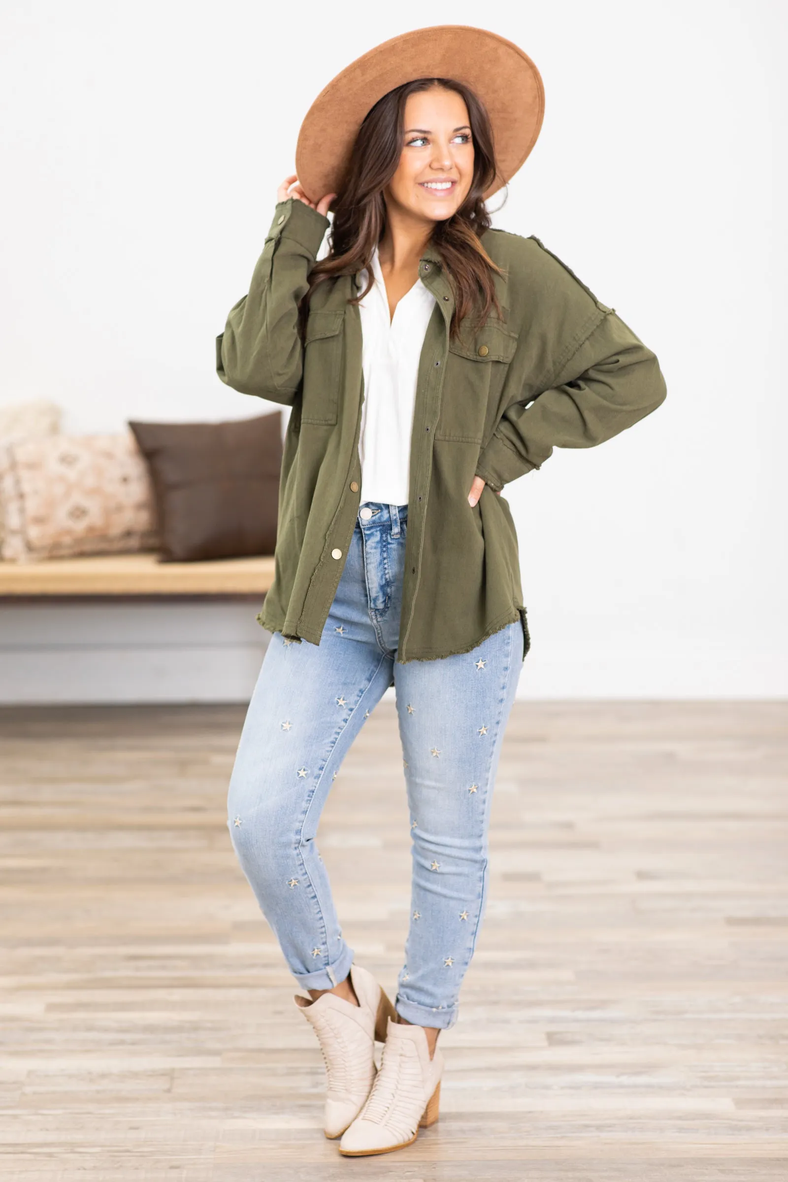 Army Green Fray Hem Jacket