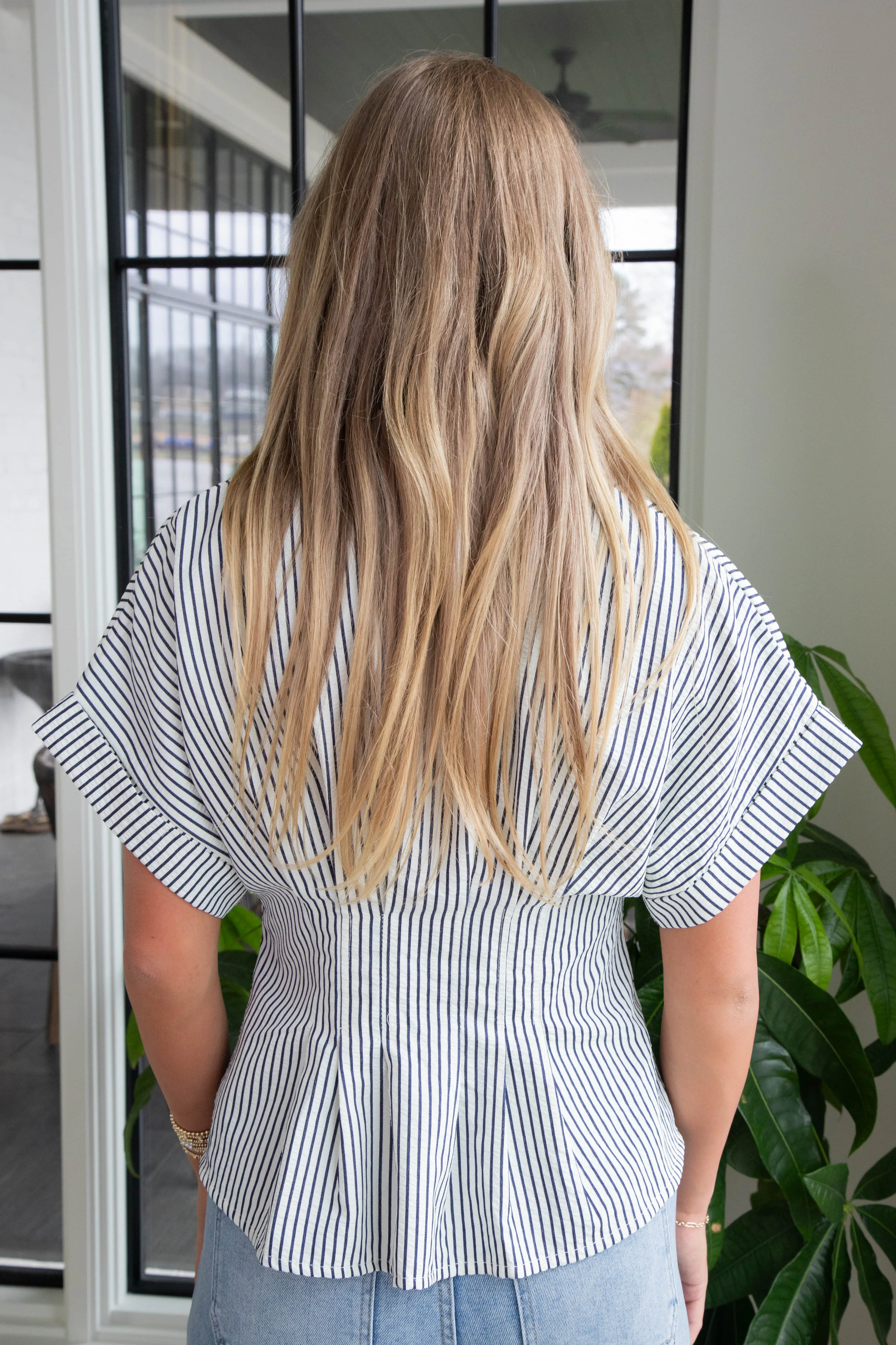 Artemis Striped Pleated Waist Blouse, Navy