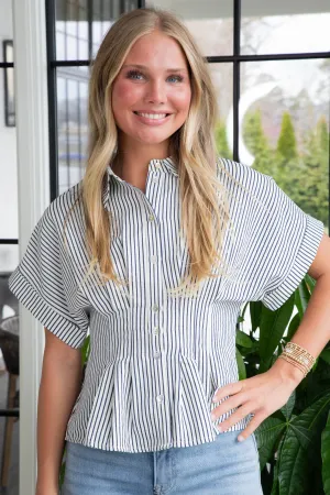 Artemis Striped Pleated Waist Blouse, Navy