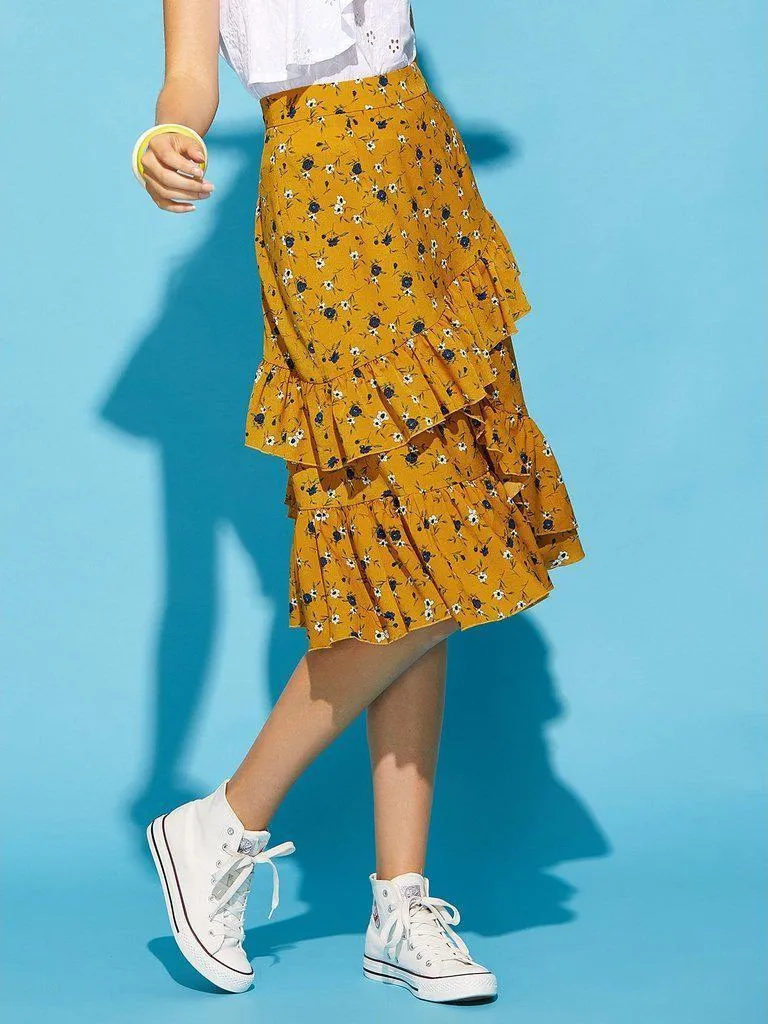 Asymmetric Ruffle Trim Ditsy Skirt