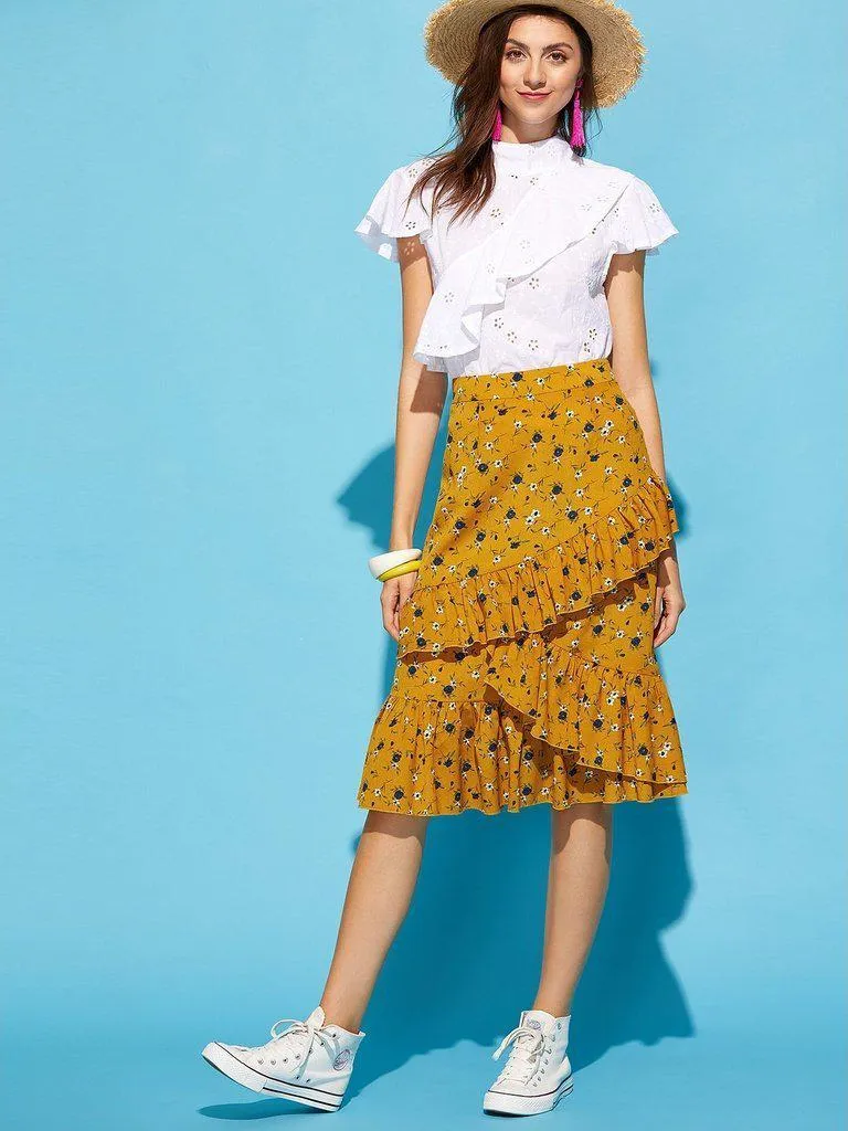 Asymmetric Ruffle Trim Ditsy Skirt