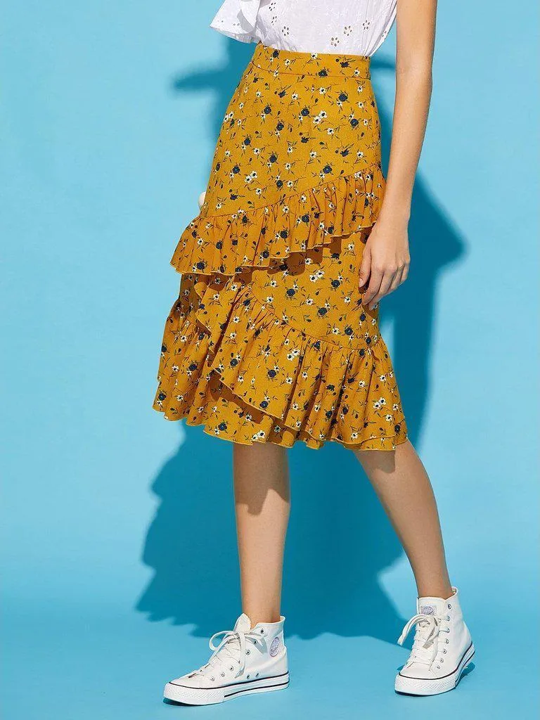Asymmetric Ruffle Trim Ditsy Skirt