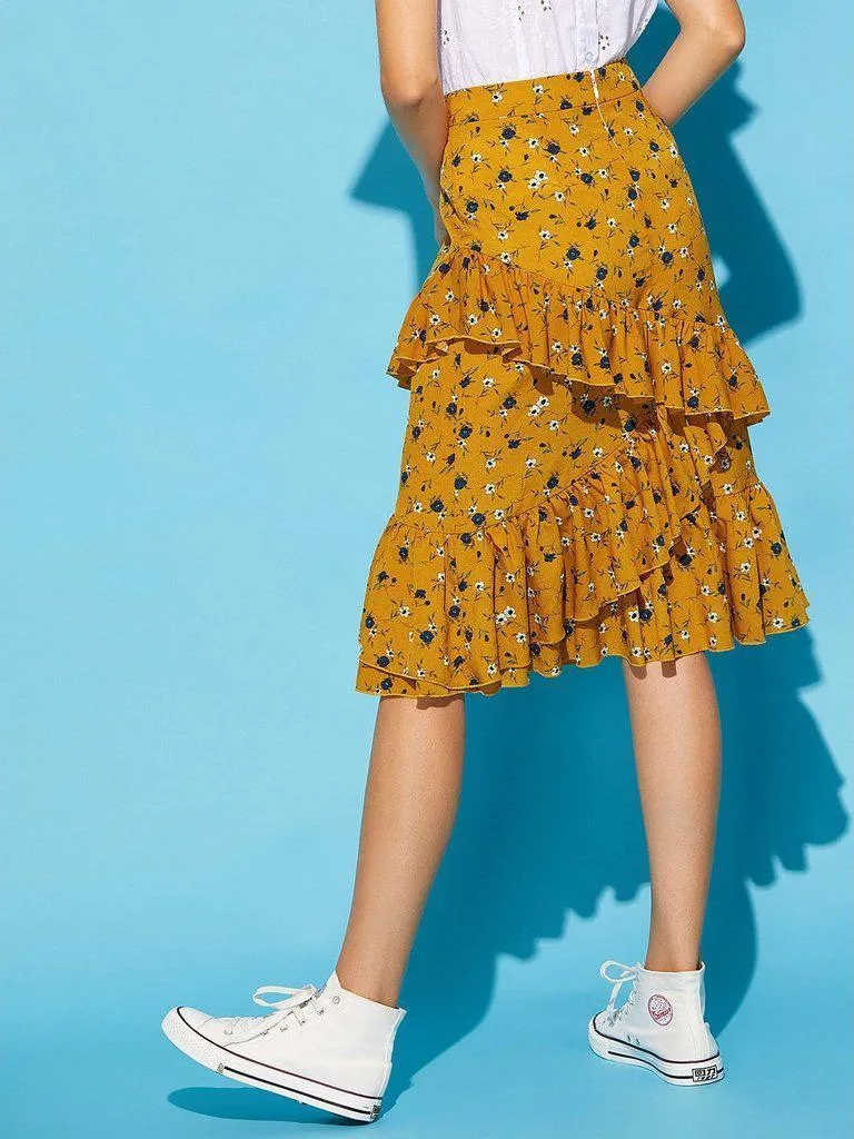Asymmetric Ruffle Trim Ditsy Skirt