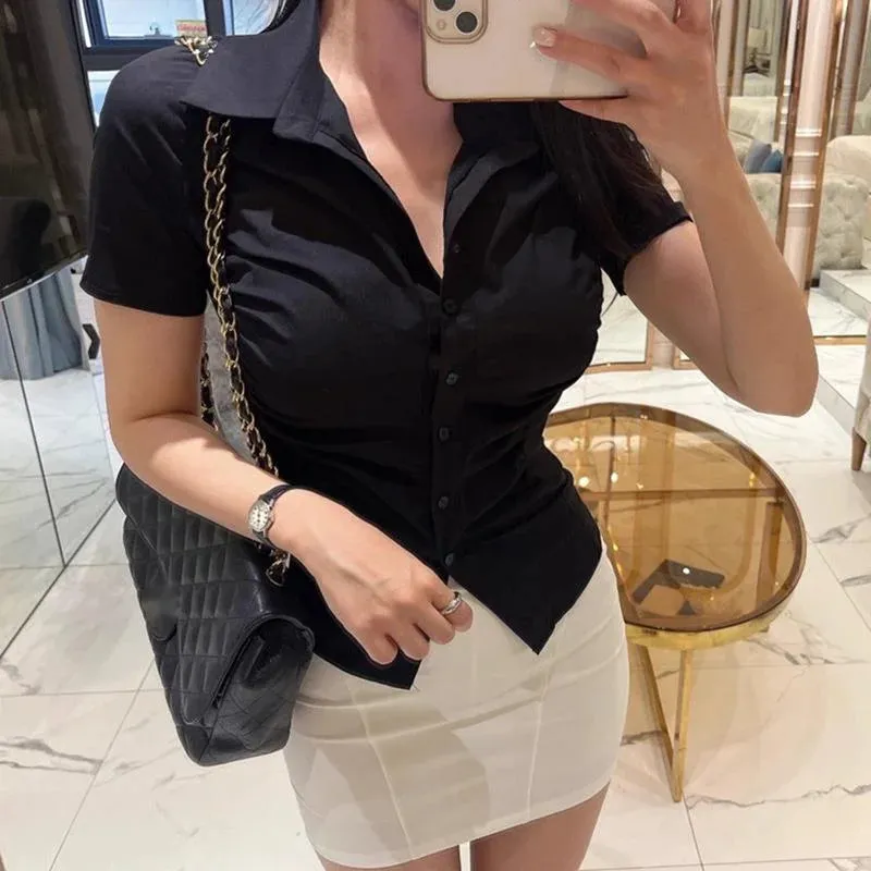 Autumn New Elegant OL Pleated Chest Mature Women Short Button Up Designer Collared Corset Korean Shirt Women White Blouse 7HOI