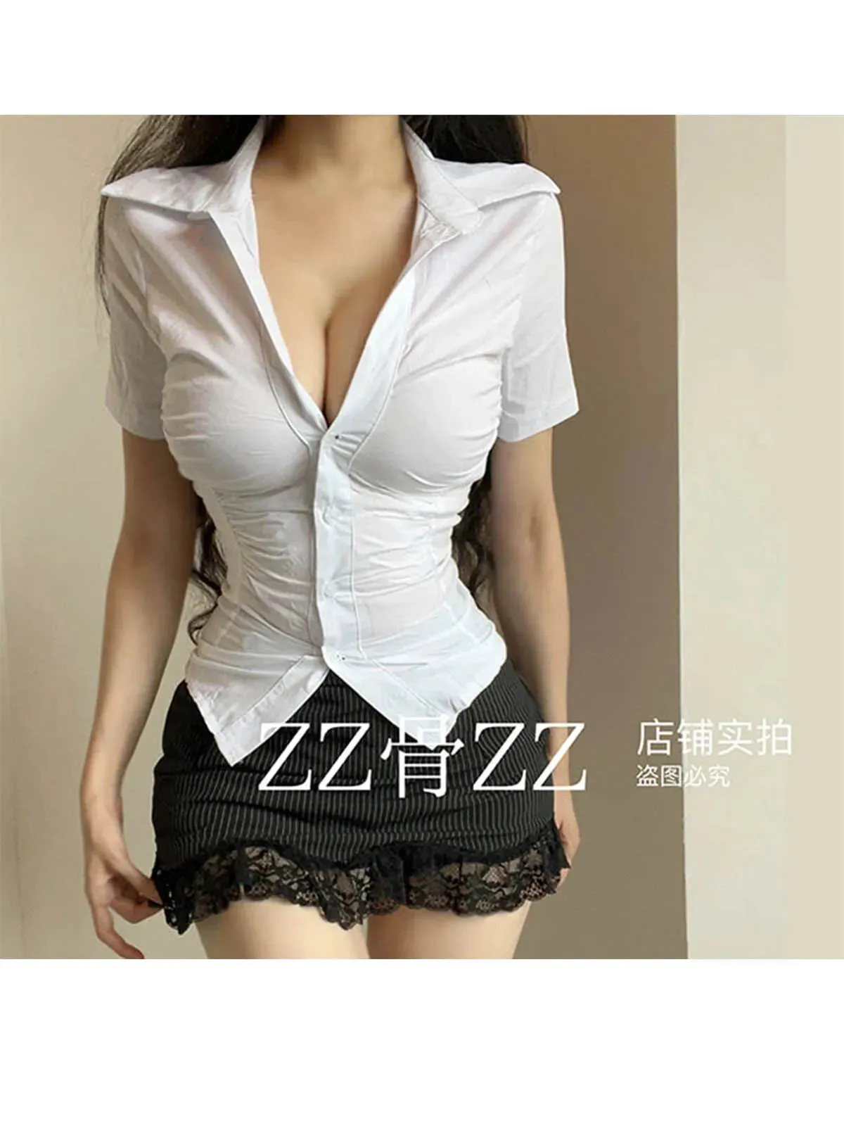 Autumn New Elegant OL Pleated Chest Mature Women Short Button Up Designer Collared Corset Korean Shirt Women White Blouse 7HOI
