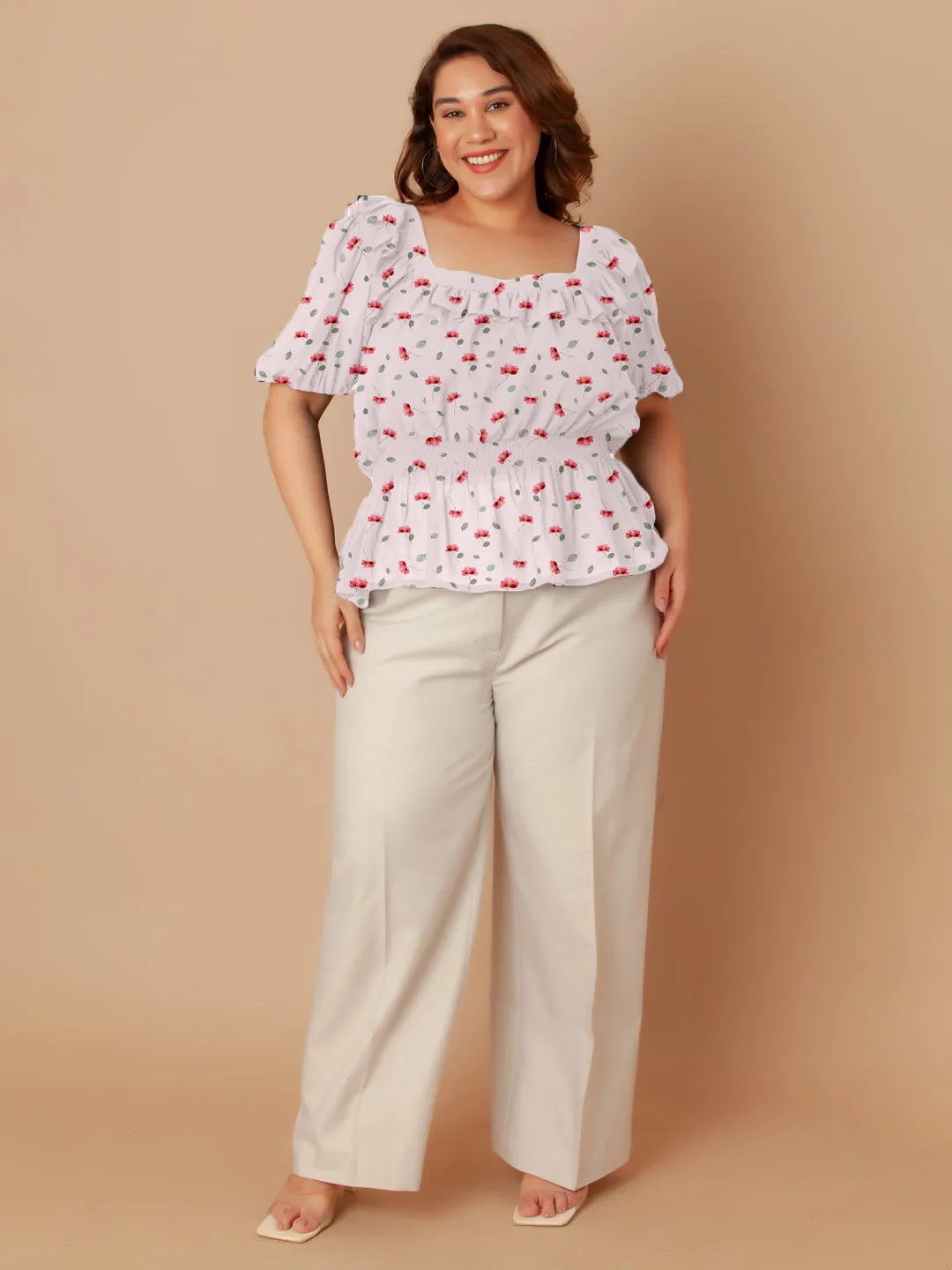 Baby Pink Floral Print Peplum Top