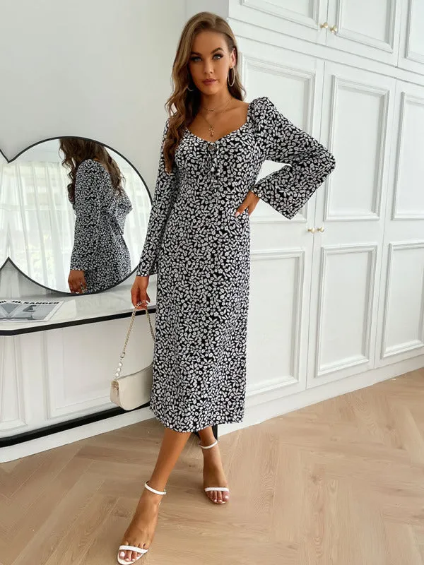 Backless Floral Print Midi Dress with Long Sleeves