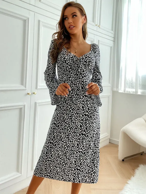 Backless Floral Print Midi Dress with Long Sleeves