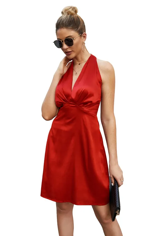 Backless Satin Dress with Halter Neckline