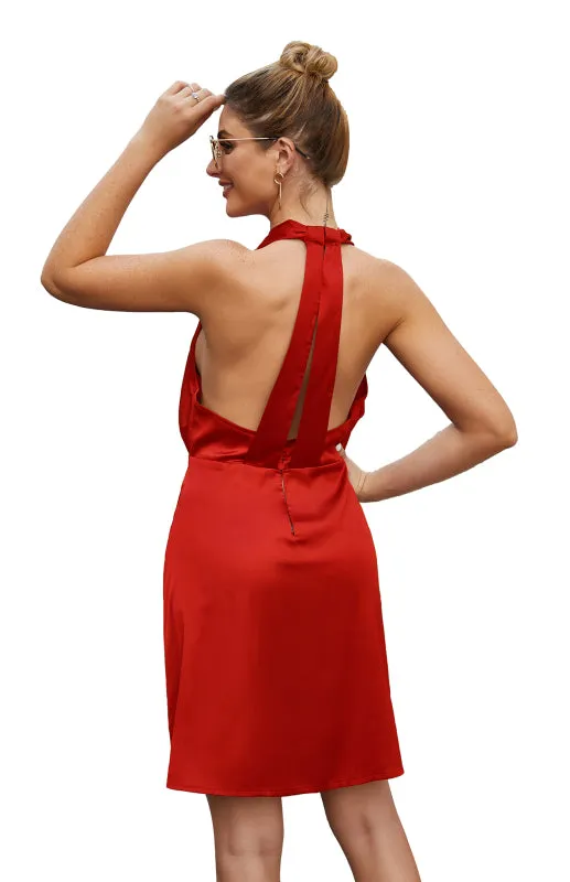 Backless Satin Dress with Halter Neckline