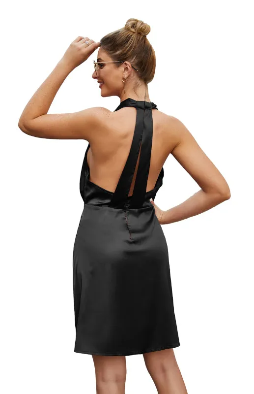 Backless Satin Dress with Halter Neckline