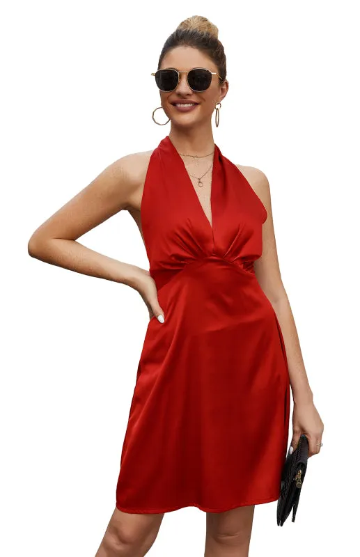 Backless Satin Dress with Halter Neckline