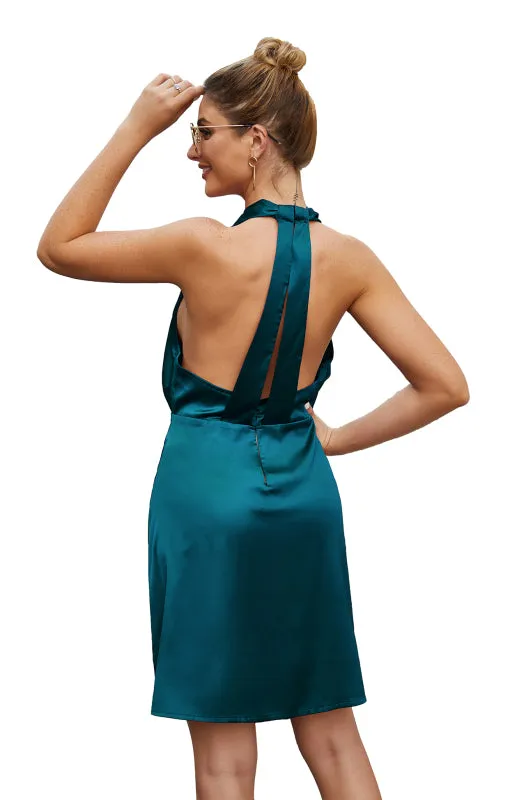 Backless Satin Dress with Halter Neckline