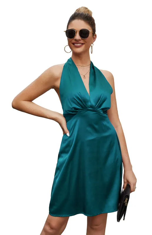 Backless Satin Dress with Halter Neckline