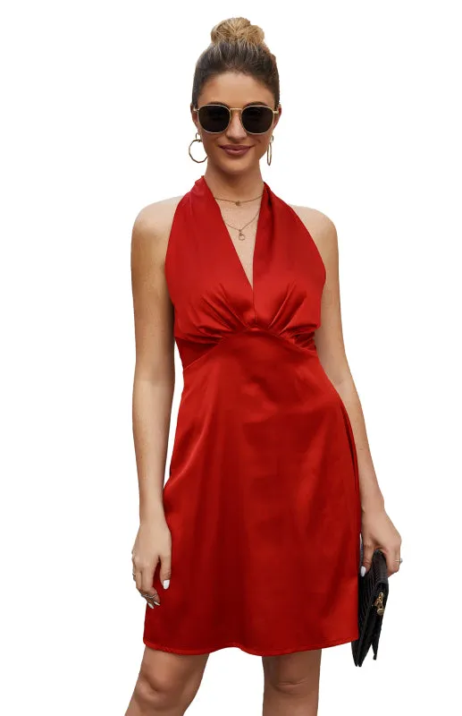 Backless Satin Dress with Halter Neckline