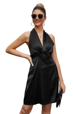 Backless Satin Dress with Halter Neckline