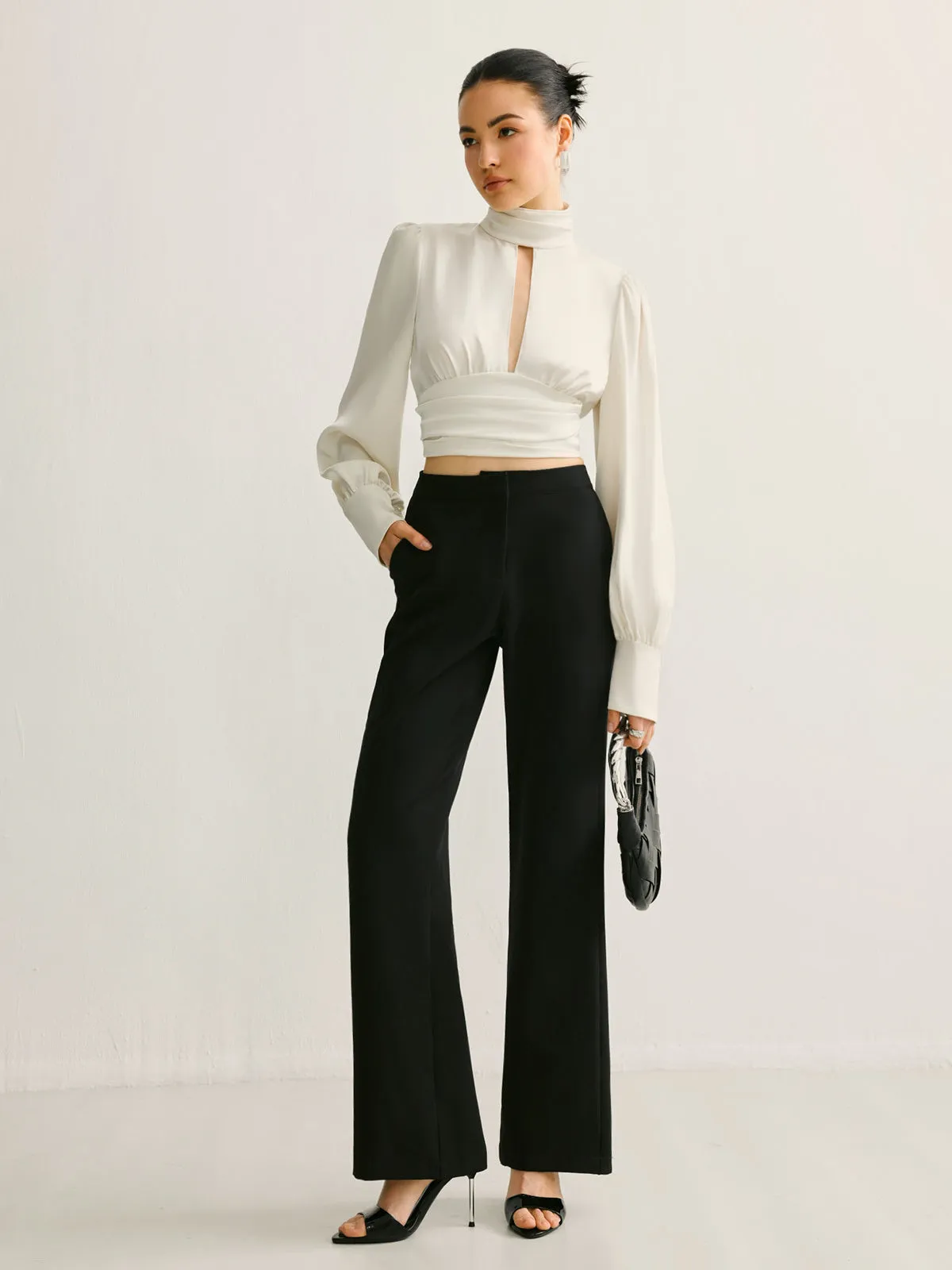 Backless Side Pleated Satin Blouse
