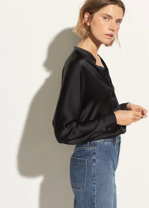 Band Collar Silk Blouse - Black
