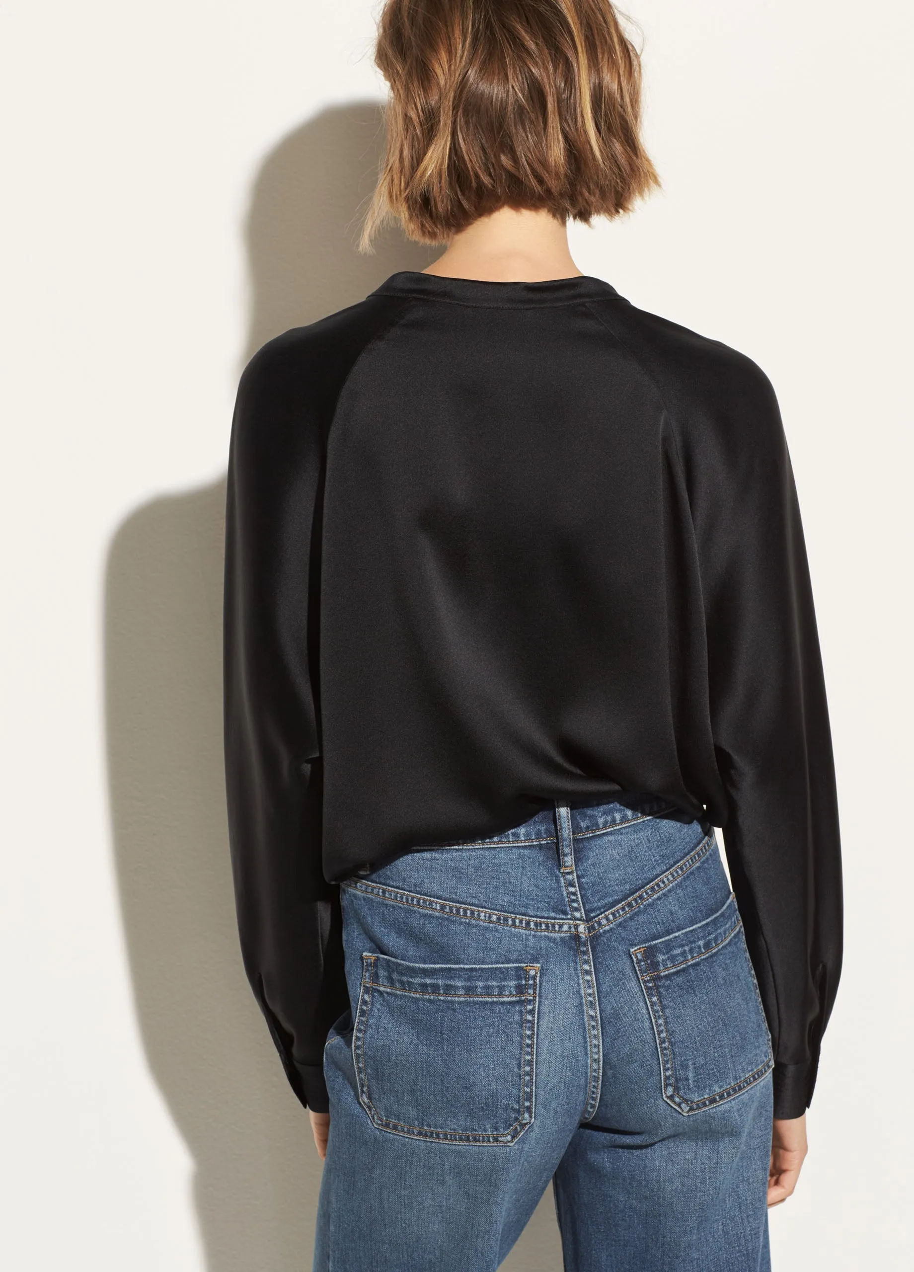Band Collar Silk Blouse - Black