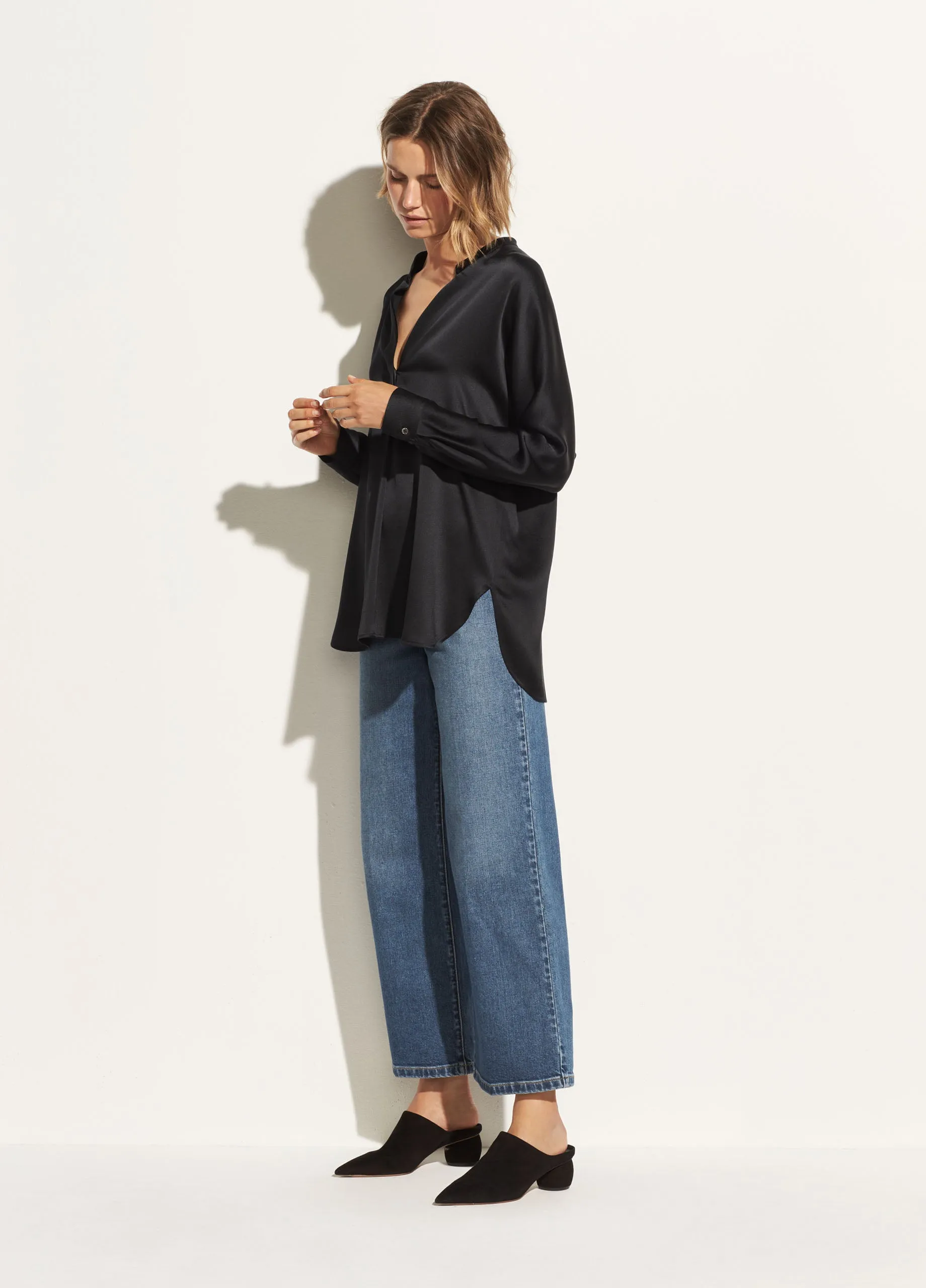 Band Collar Silk Blouse - Black