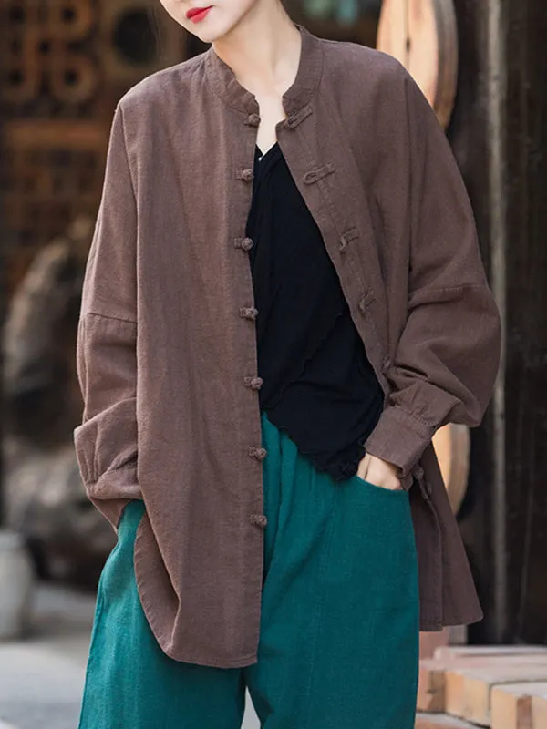 Batwing Sleeves Loose Chinese Frog Buttons Pleated Solid Color Split-Joint Stand Collar Blouses