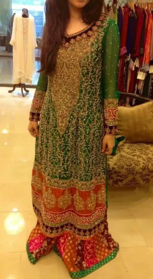 Beutifull wedding lahnga in green and shoking pink color Model # W 893