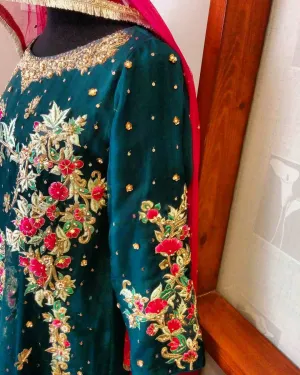 Beutifull wedding party dress in dark green and shokin pink color Model# W 1175
