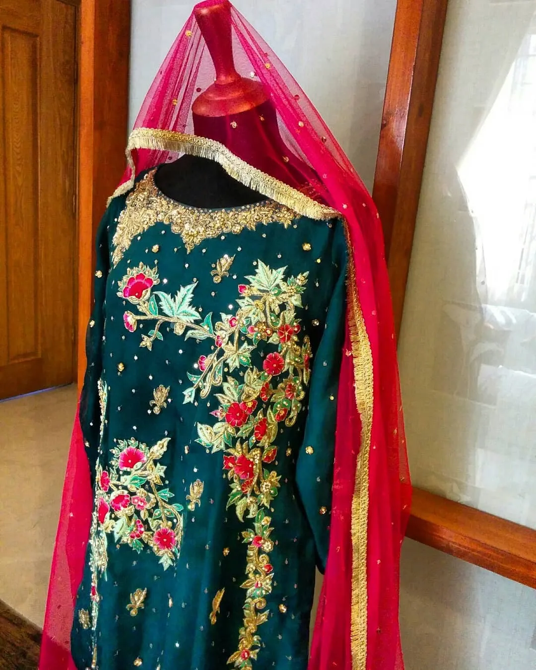 Beutifull wedding party dress in dark green and shokin pink color Model# W 1175