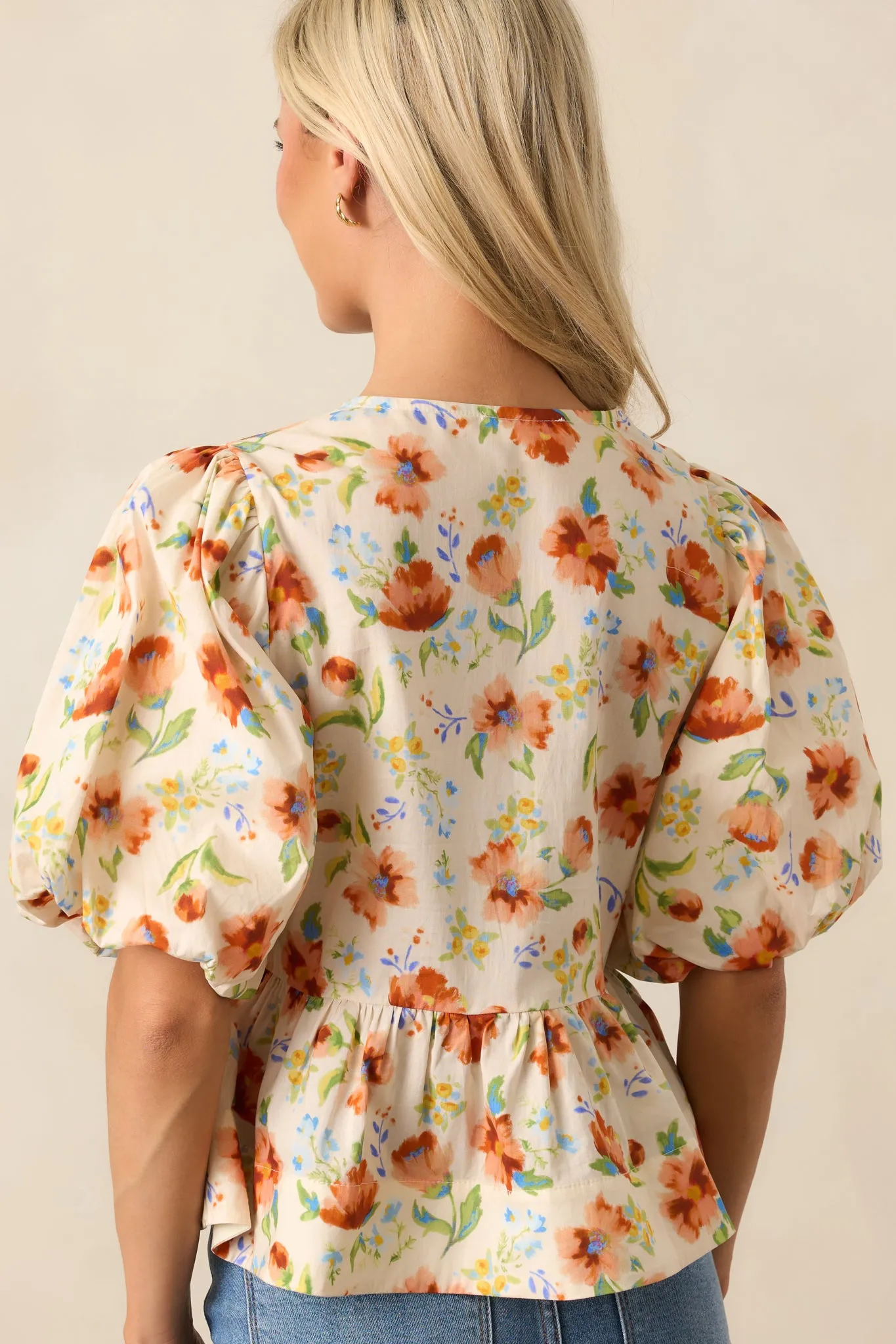 Beyond Compare Ecru Floral Cotton Bow Front Peplum Top