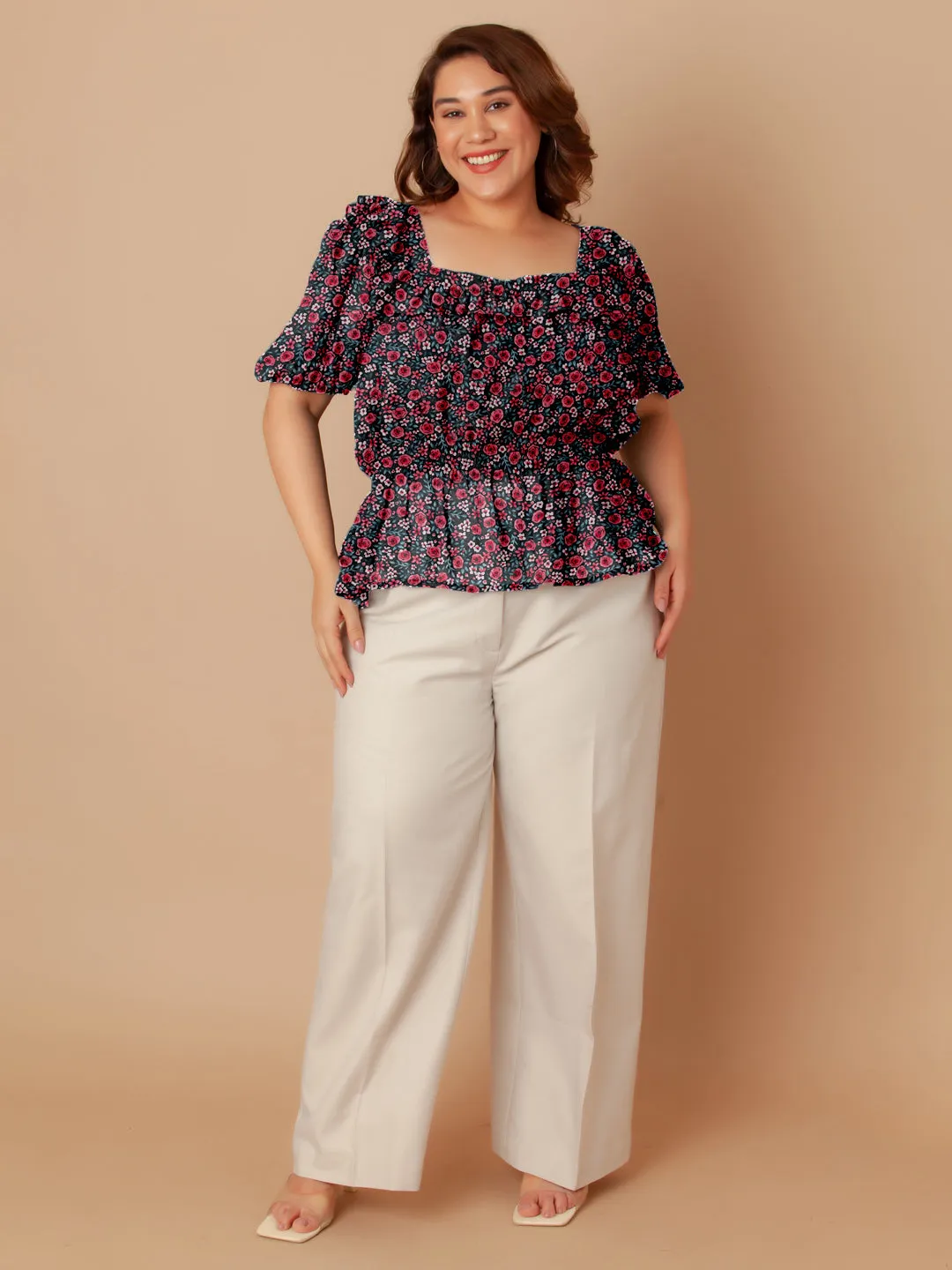 Black & Pink Floral Print Peplum Top