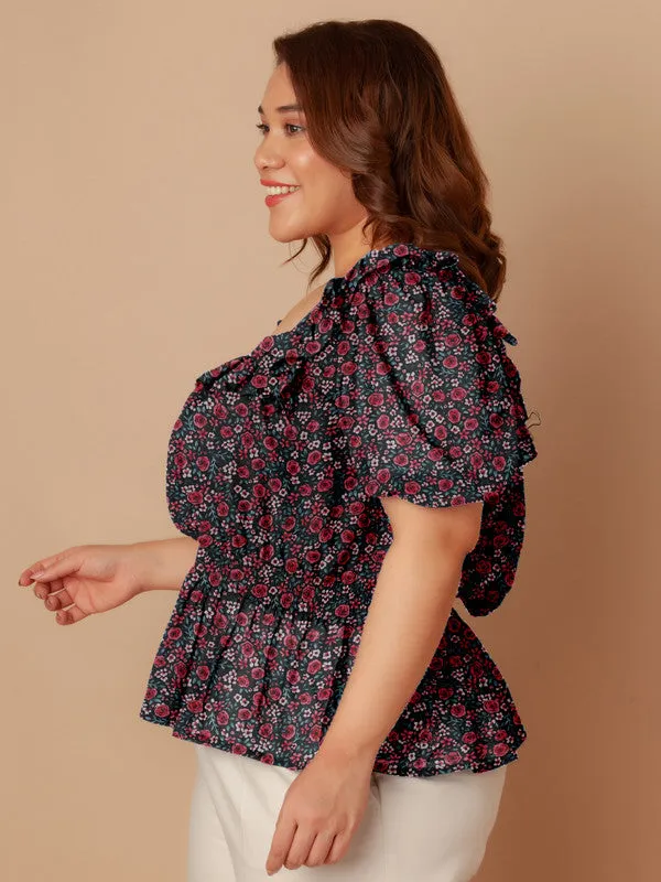 Black & Pink Floral Print Peplum Top