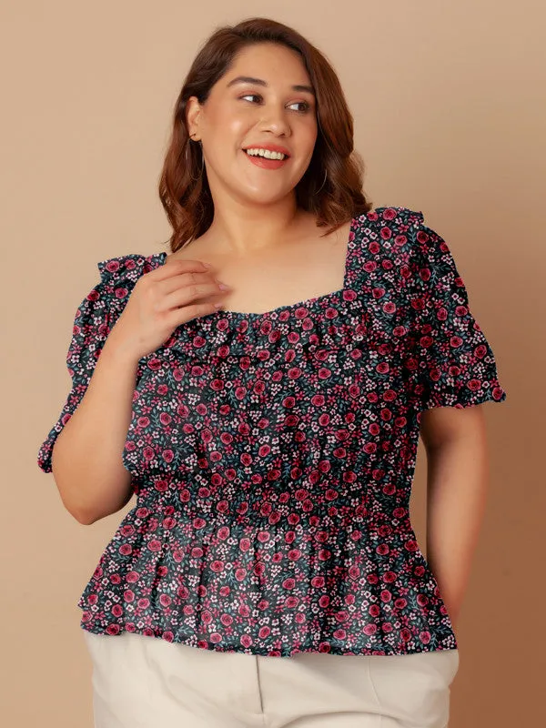 Black & Pink Floral Print Peplum Top