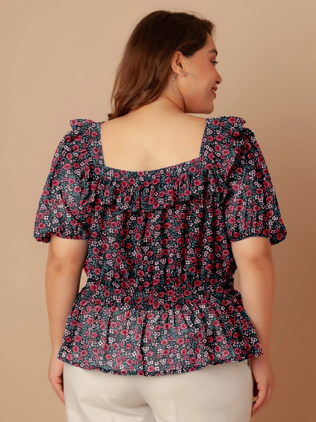 Black & Pink Floral Print Peplum Top