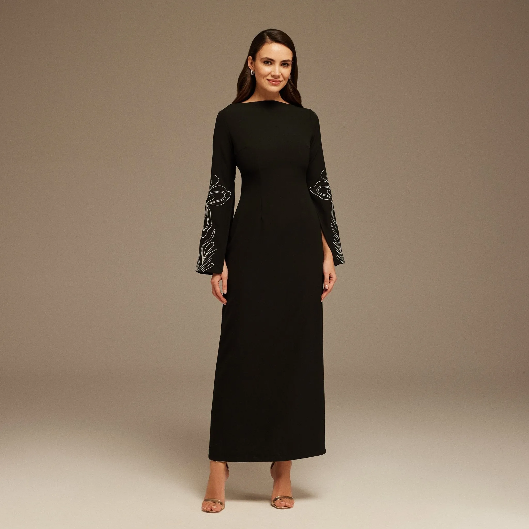 Black & White Embroidered Sleeve Maxi Dress