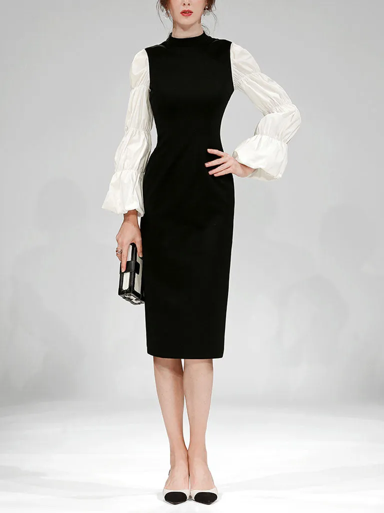 Black And White Lantern Long Sleeve 1940S Vintage Dress