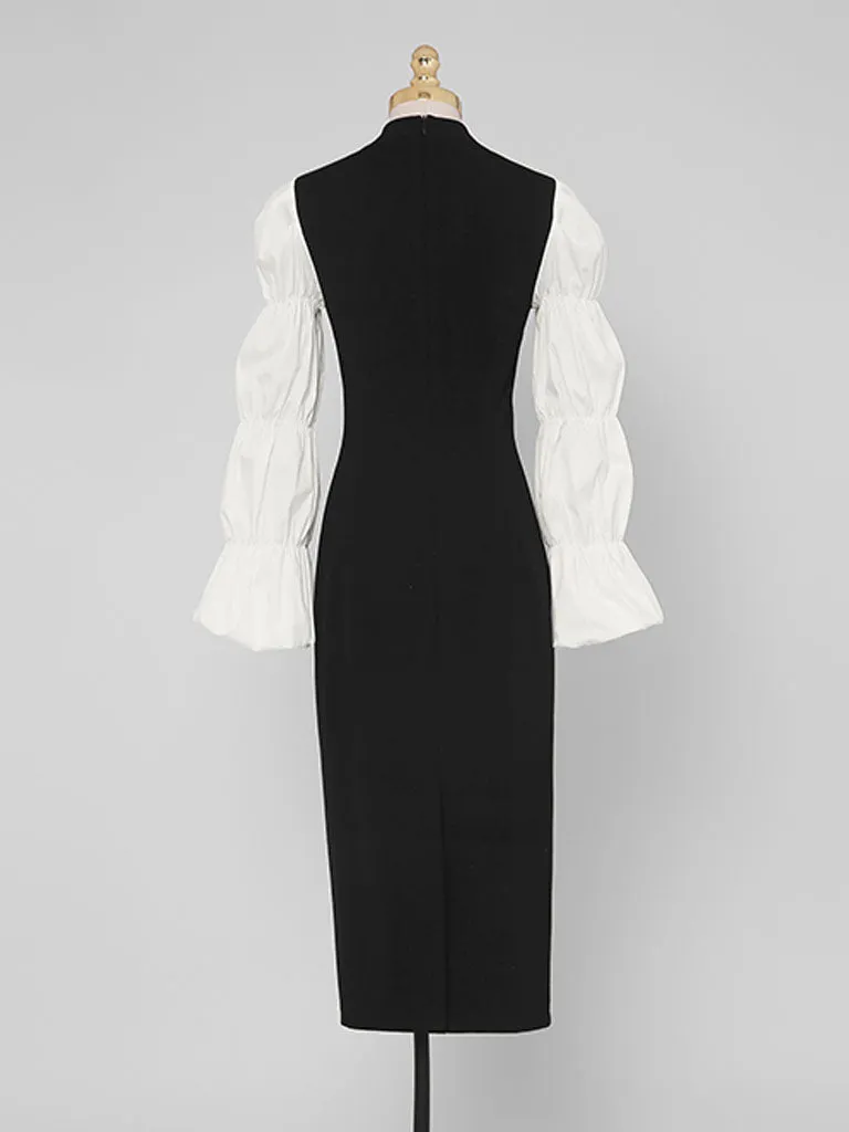 Black And White Lantern Long Sleeve 1940S Vintage Dress