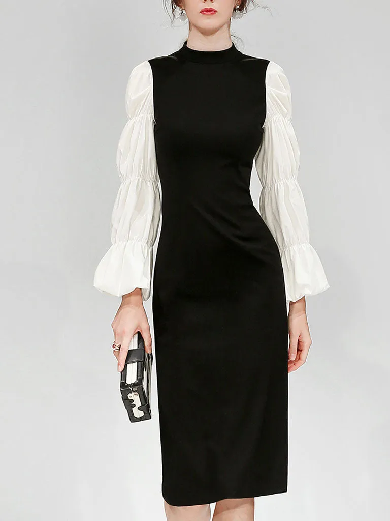 Black And White Lantern Long Sleeve 1940S Vintage Dress