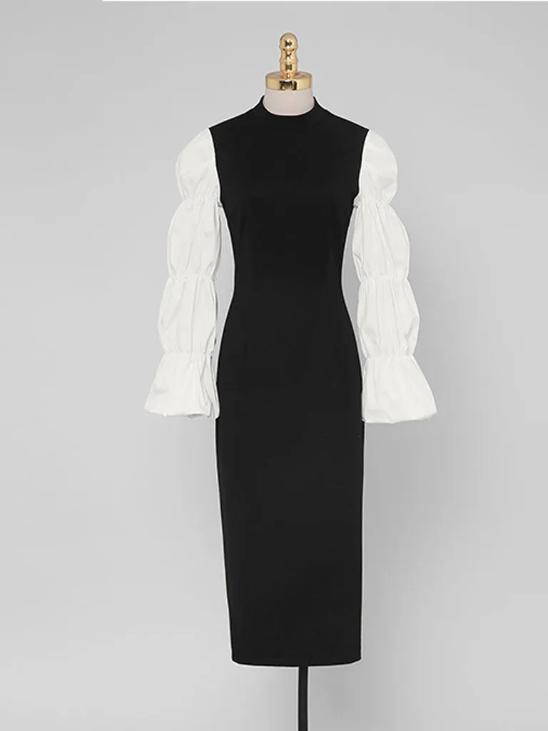 Black And White Lantern Long Sleeve 1940S Vintage Dress