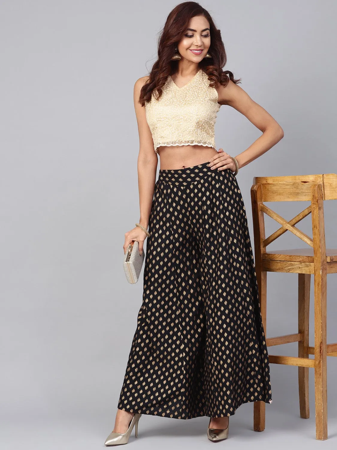 Black Ethnic Motif Printed Rayon Flared Women Palazzo With One Pocket-8003AEIBLA
