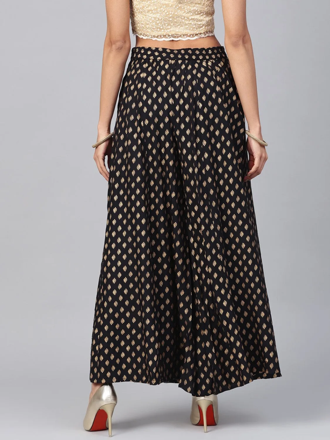 Black Ethnic Motif Printed Rayon Flared Women Palazzo With One Pocket-8003AEIBLA