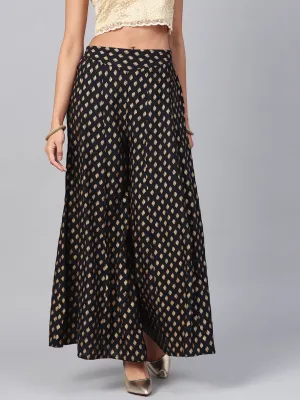 Black Ethnic Motif Printed Rayon Flared Women Palazzo With One Pocket-8003AEIBLA