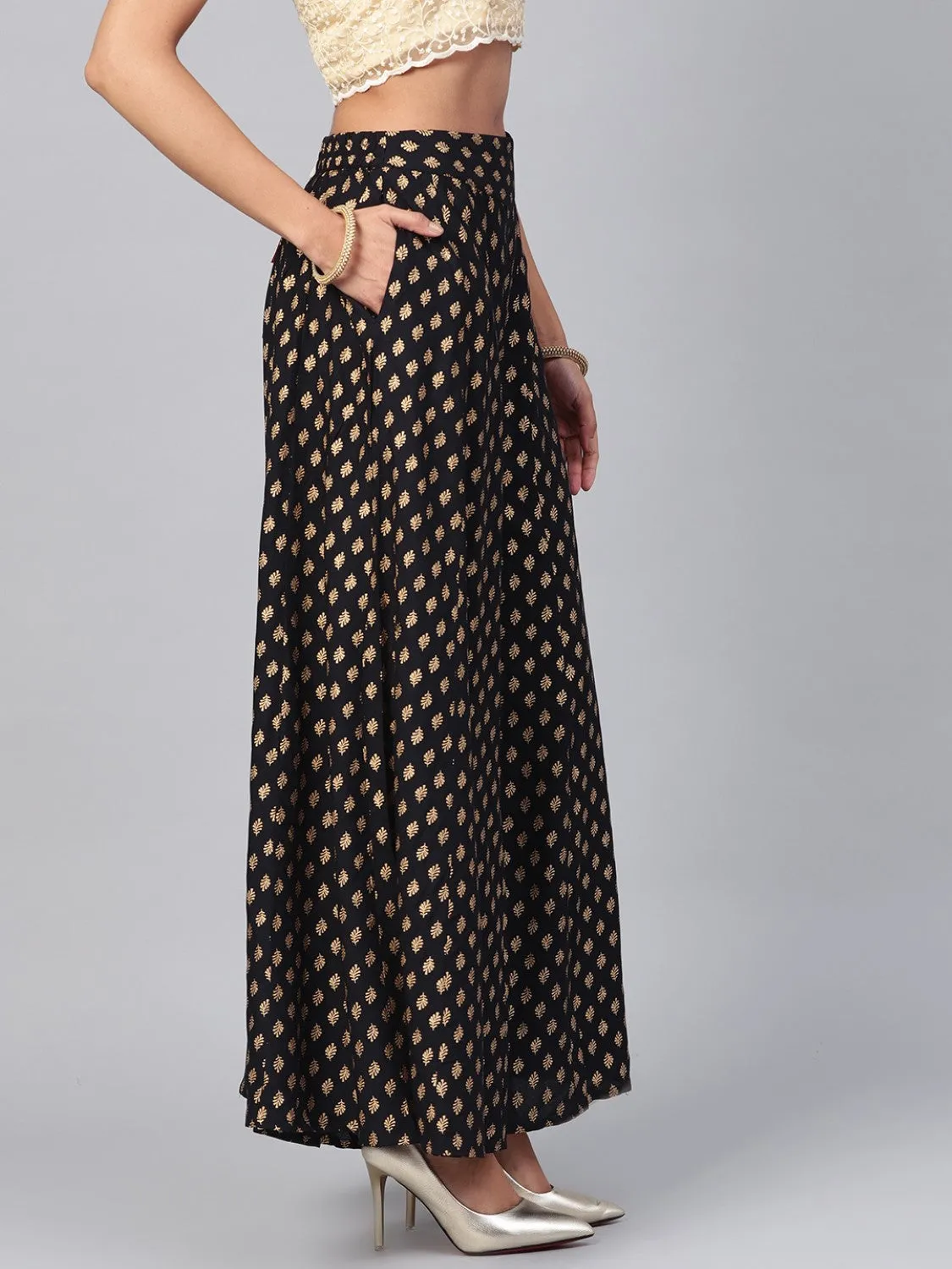 Black Ethnic Motif Printed Rayon Flared Women Palazzo With One Pocket-8003AEIBLA