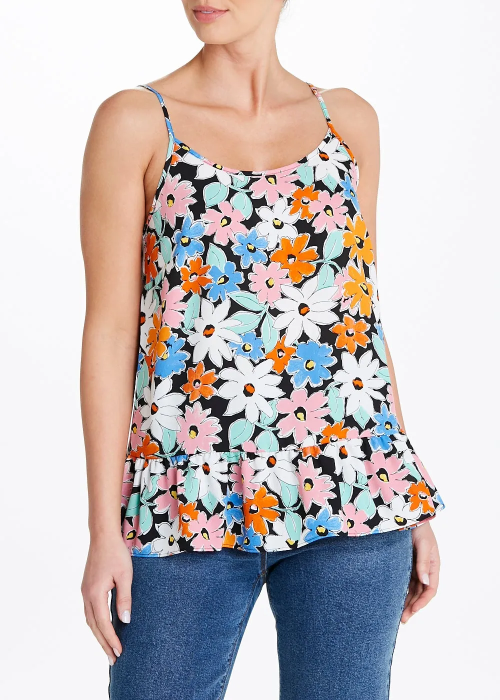 Black Floral Peplum Cami Top