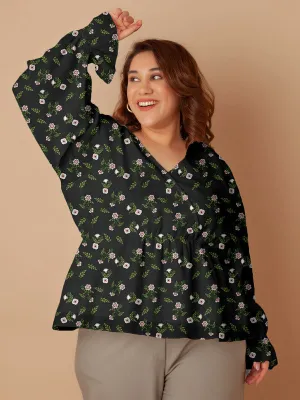 Black Floral Print Peplum Top