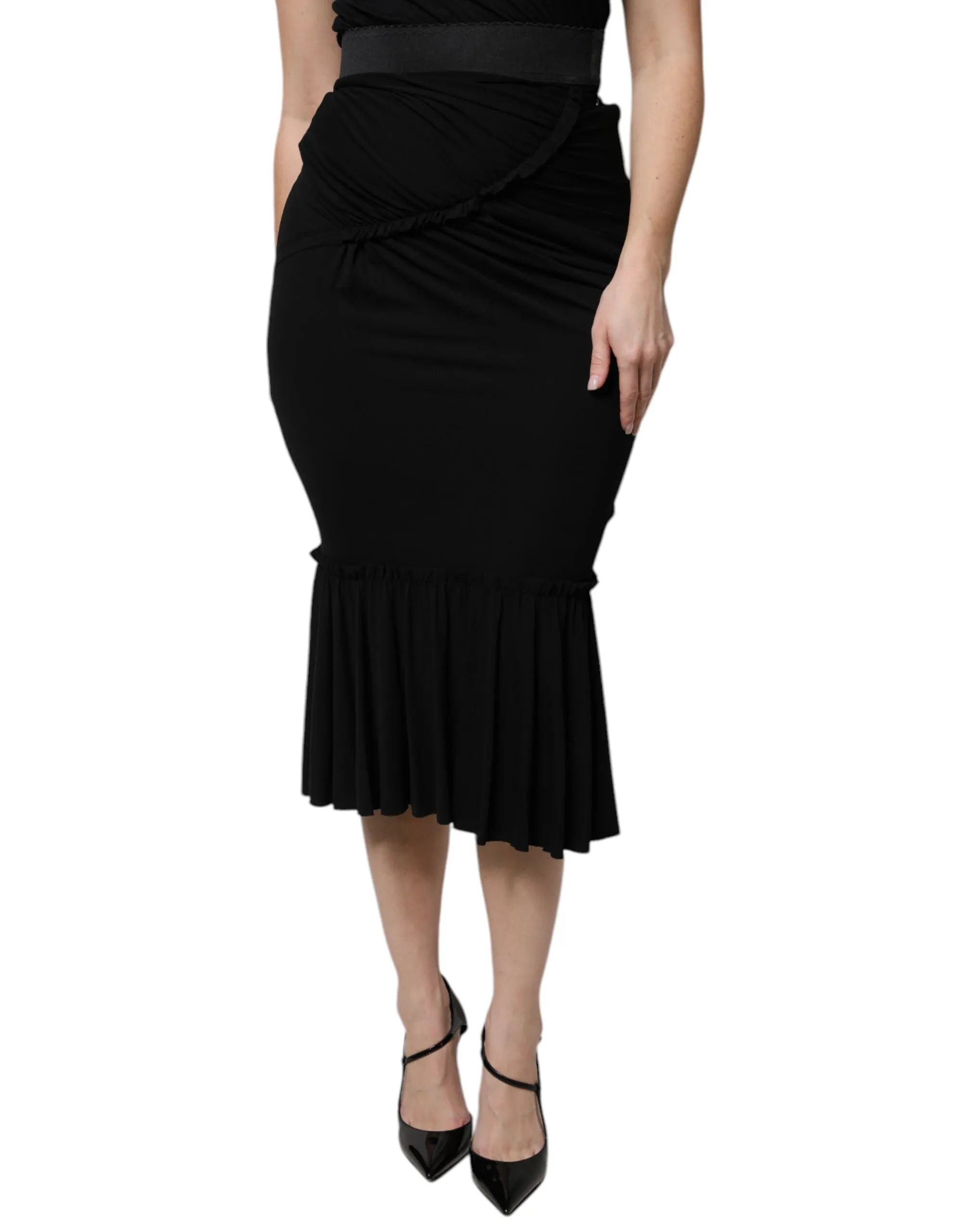 Black Mermaid Cut High Waist Midi Skirt
