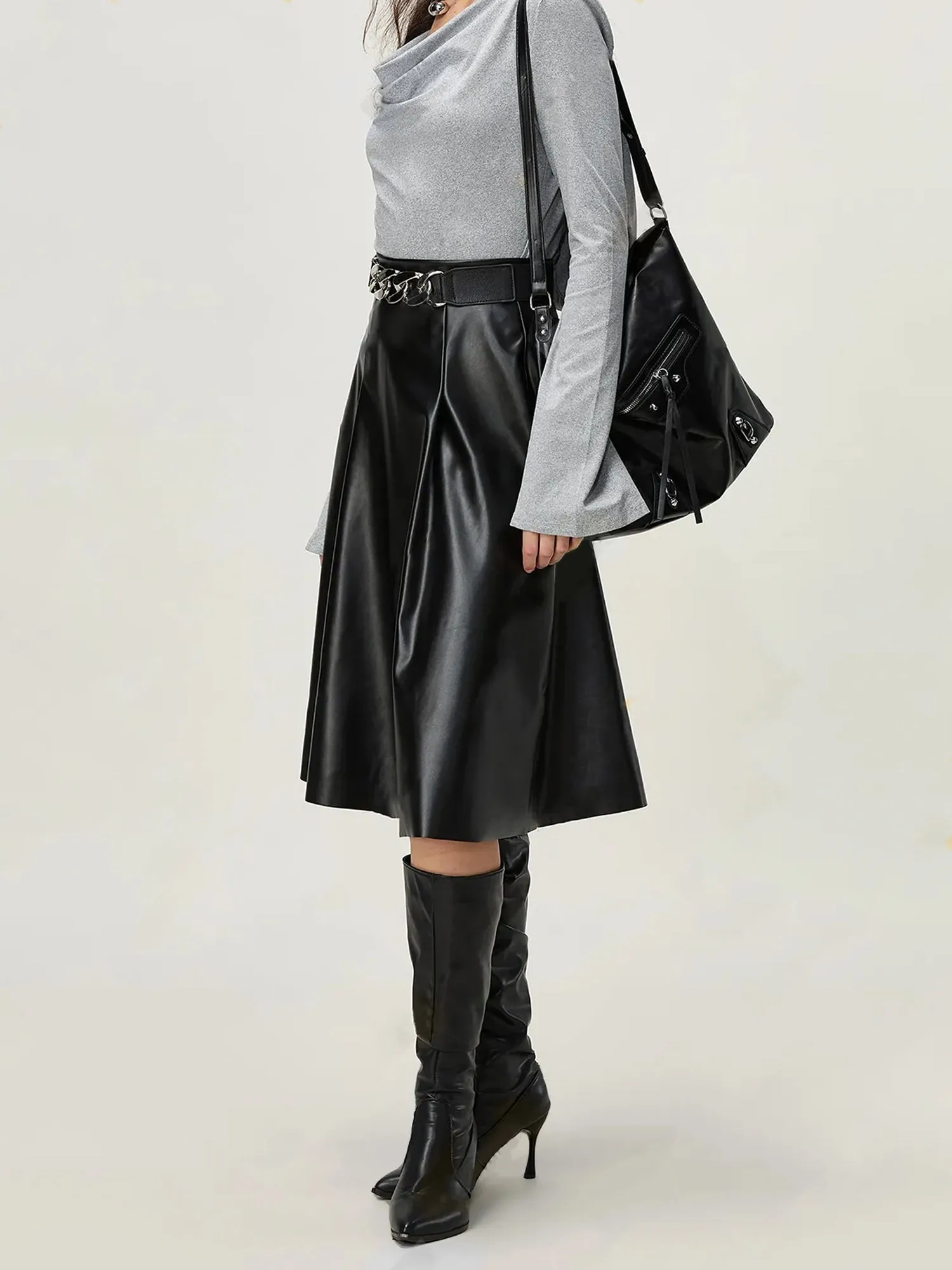 Black Pu Flared Midi Skirt