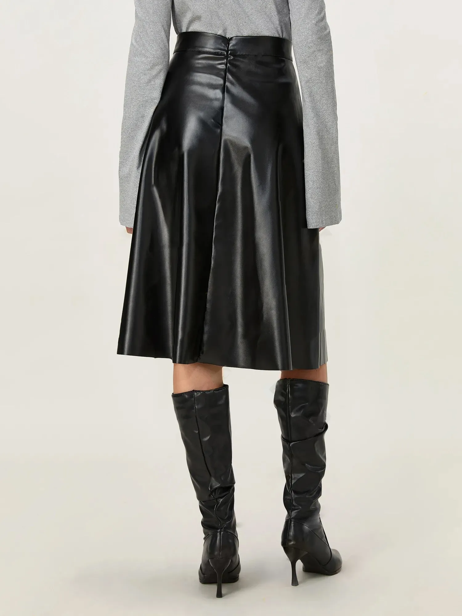 Black Pu Flared Midi Skirt