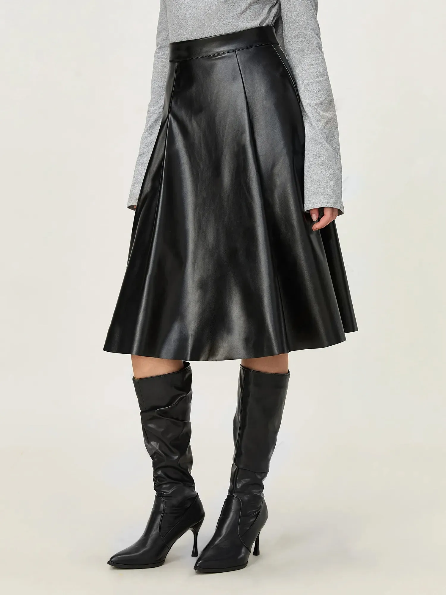 Black Pu Flared Midi Skirt