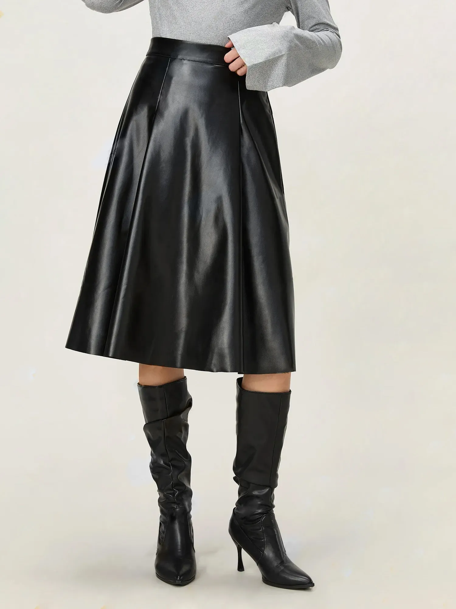 Black Pu Flared Midi Skirt